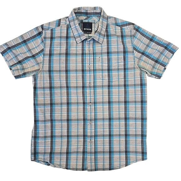prAna Tamarack Shirt Men Medium Blue Plaid Button Up Short Sleeve SS - Picture 1 of 9